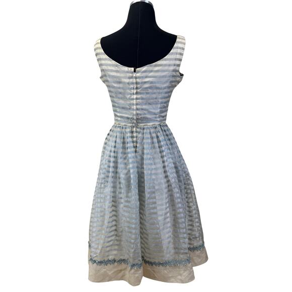 1950s Ice Blue Organza Party Dress with Appliqué – Sheer Stripe Full Skirt AS-IS - Picture 6 of 16